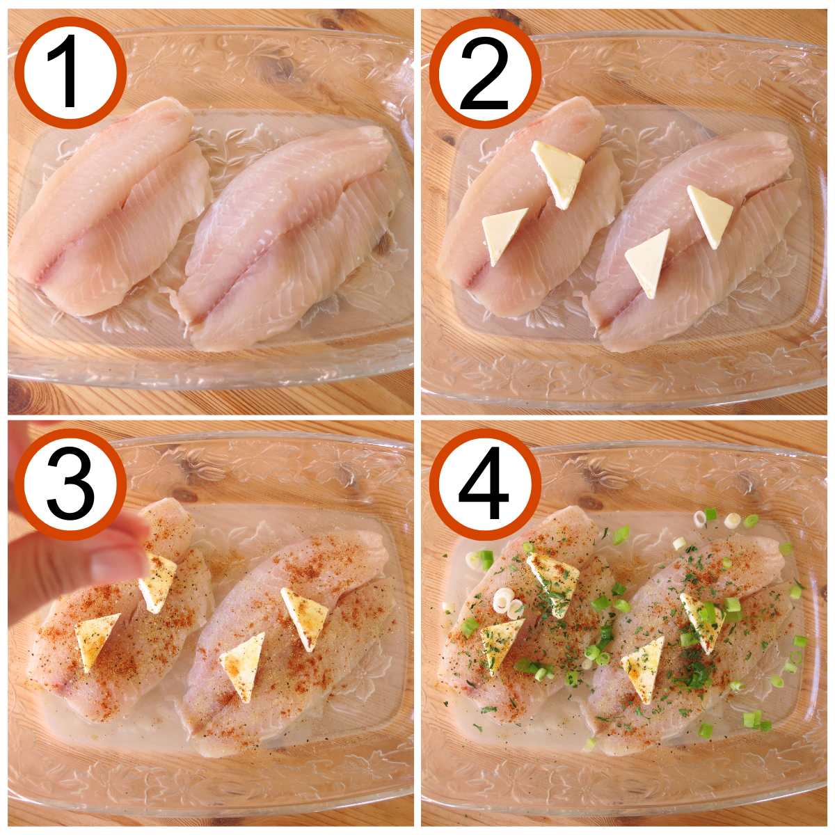 Collage of pictures to make lemon pepper tilapia 1) Tilapia filets in a baking dish, 2) Fish topped with butter taps and lemon juice, 3) Fingers sprinkling spices over the tilapia, 4) Green onions and parsley on the tilapia.