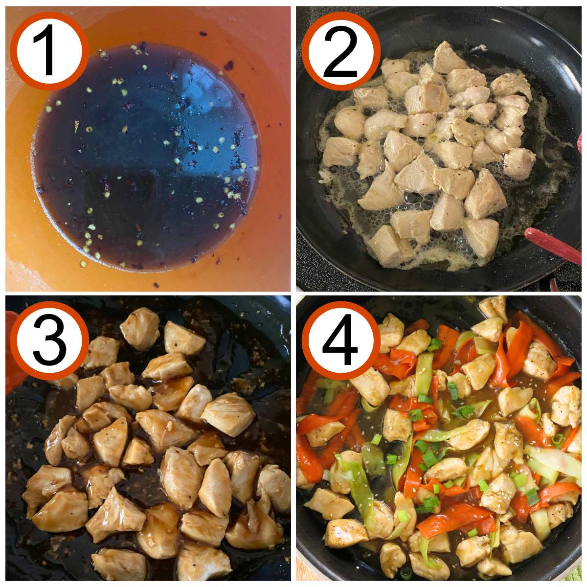 Collage of pictures to make recipes: 1) sauce in a bowl, 2) uncooked chicken in a skillet, 3), cooked chicken pieces in a skillet, 4) vegetables and sauce added to the skillet with cooked chicken pieces.