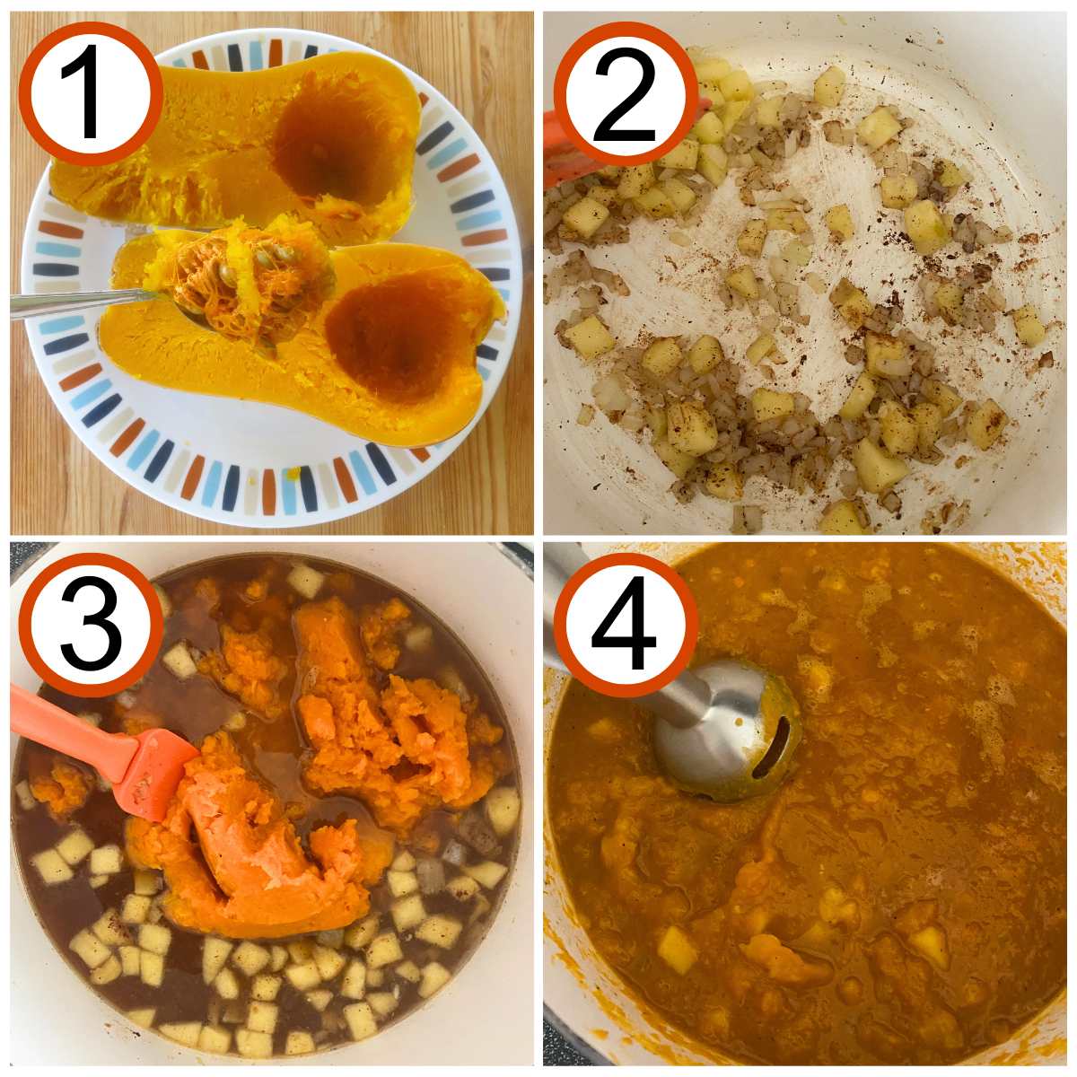 Collage of pictures to make spicy butternut squash soup: 1) Seeds being removed from cooked butternut squash. 2) Onions, apples, and spices in a dutch oven. 3) Butternut squash puree being stirred into pot. 4) Immersion blender in soup pot.