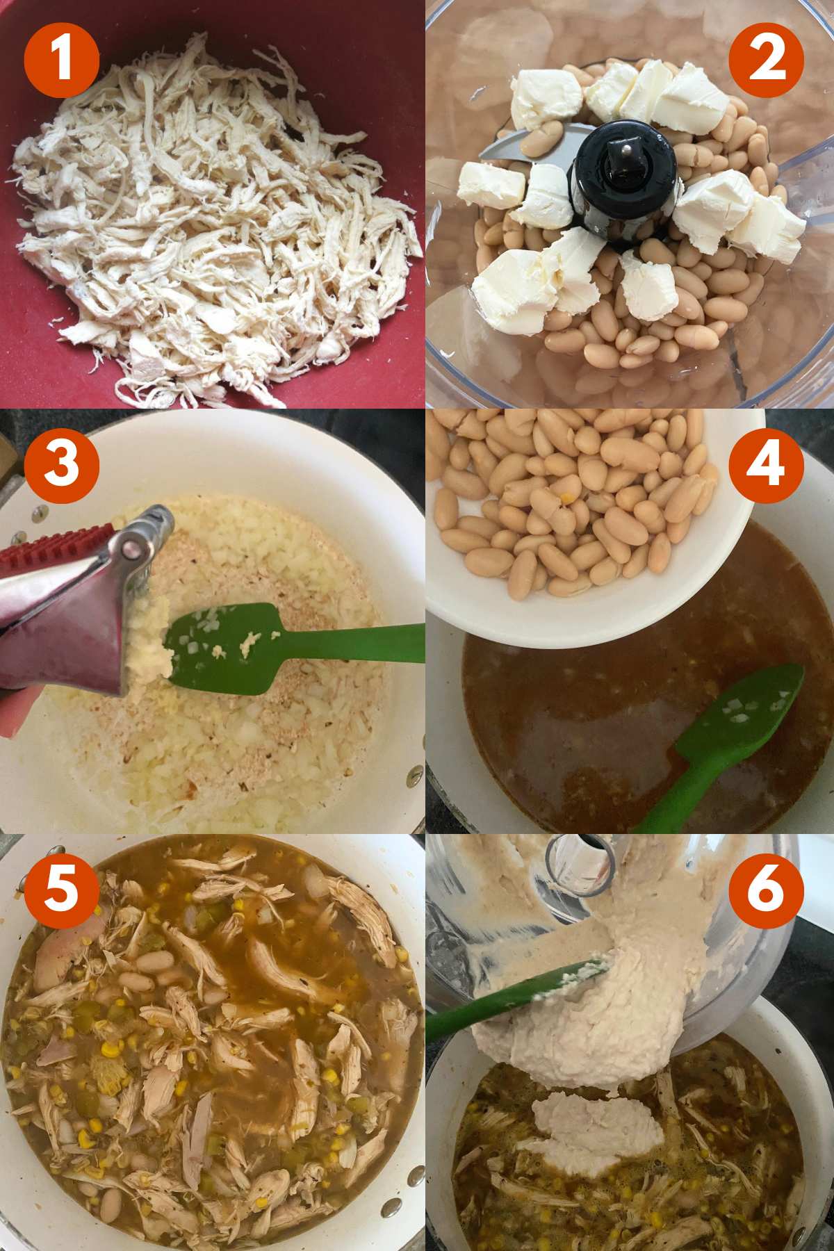 Numbered directions to make white chicken chili: 1) Shredded chicken in bowl. 2) Cream cheese and beans in a food processor. 3) Onion, garlic, and spices ina pot. 4) Beans being added to pot. 5) Ingredients in pot. 6) Cream cheese and bean mixture being added to pot.