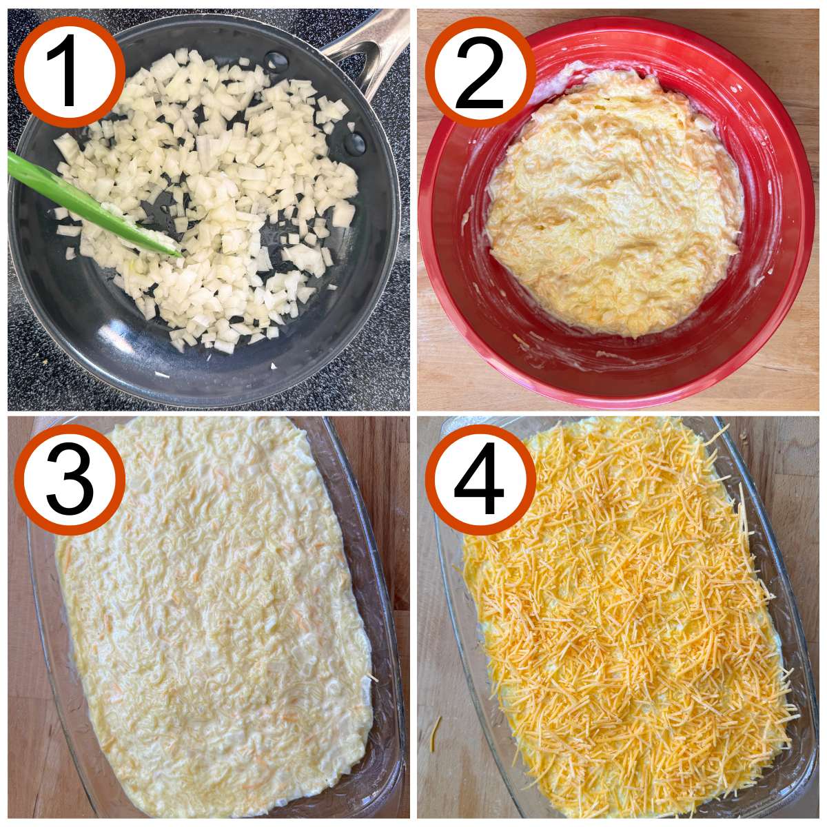 Collage of steps to make spaghetti squash au gratin: 1) Diced onions in a small pan, 2) Combined ingredients in a bowl, 3) Squash mixture in casserole dish, 4) Shredded cheese on top of squash mixture.