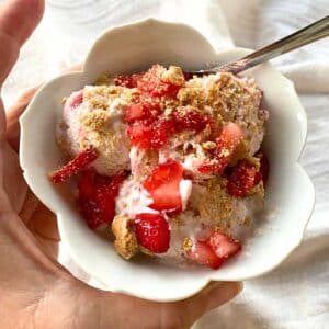Strawberry cottage cheese ice cream topped with chopped strawberries and crumbled graham crackers in a tulip-shaped bowl.