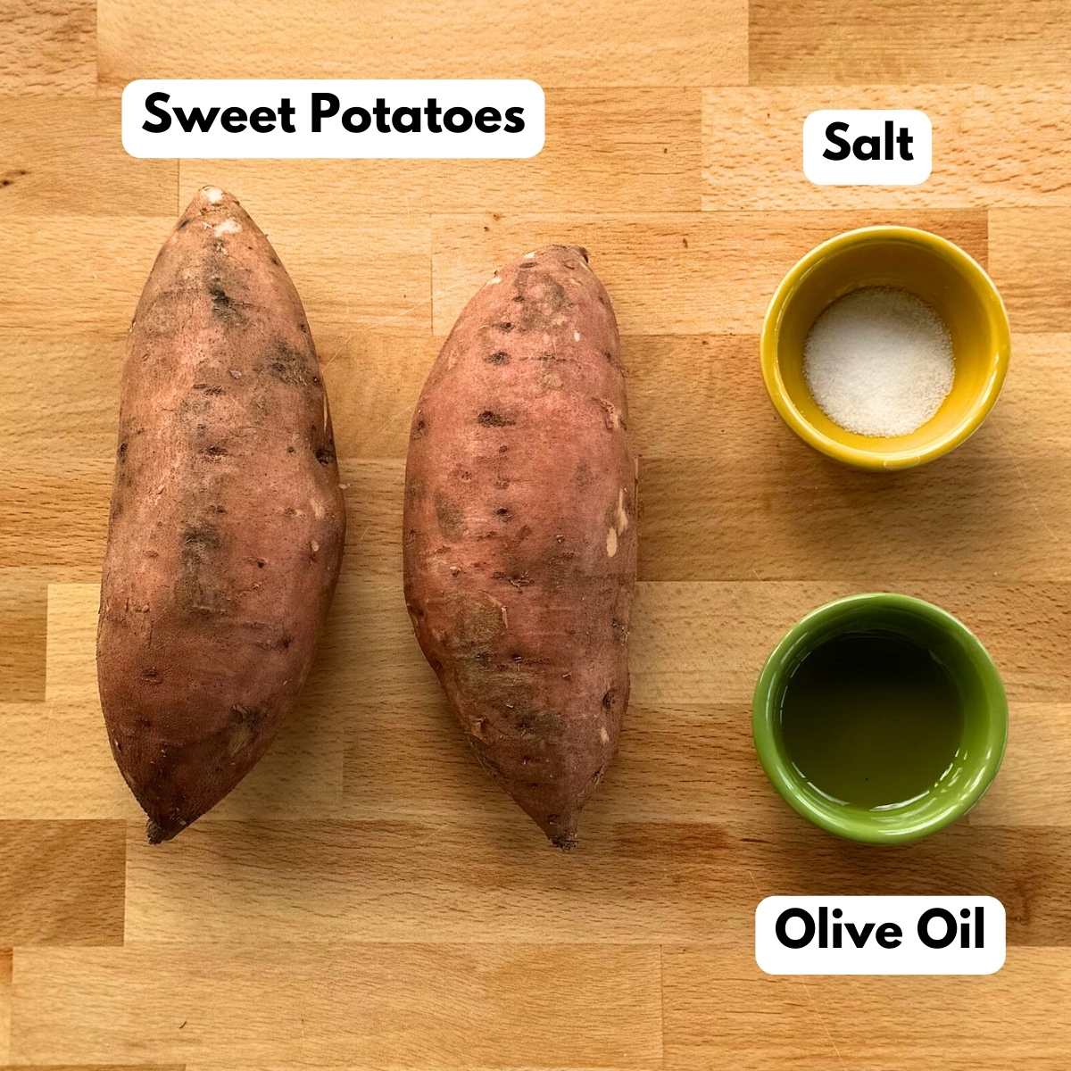 Ingredients to make sweet potato chips: 2 sweet potatoes, salt, and olive oil.