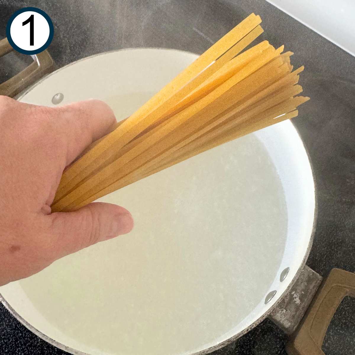 Hand holding pasta noodles over boiling water.