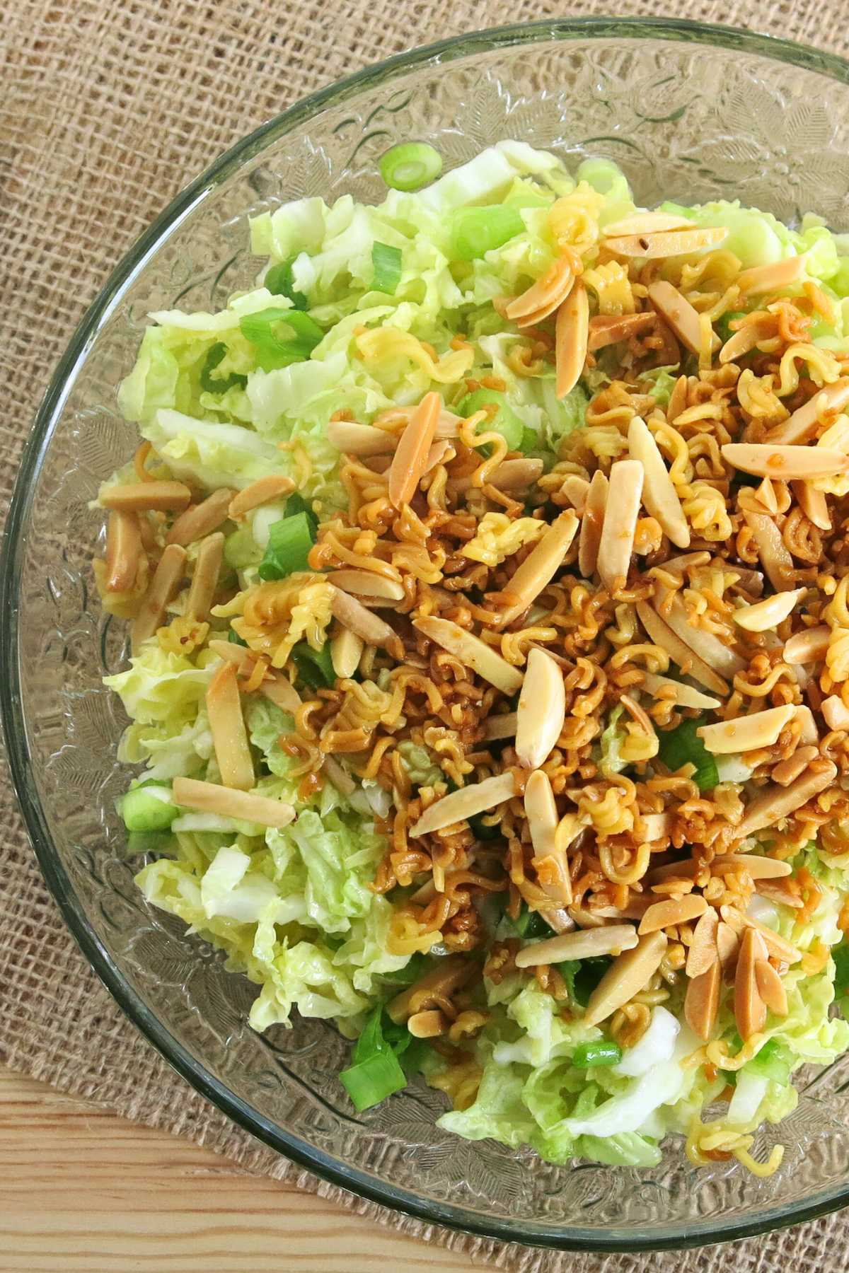 Napa cabbage ramen salad in a bowl.