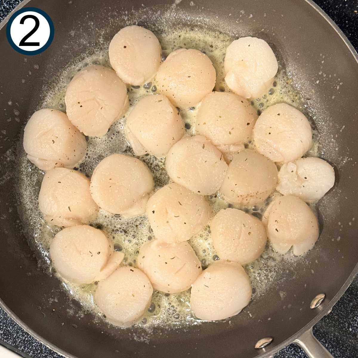 Sea scallops cooking in a large skillet with butter.