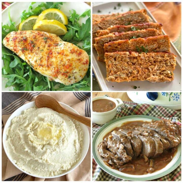 Collage of four winter recipes: lemon pepper chicken, chicken meatloaf, mashed cauliflower, and beef shoulder pot roast.