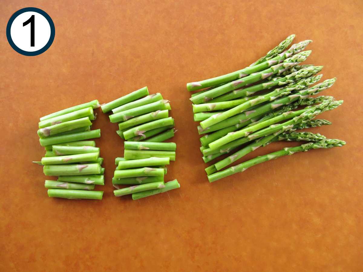 Thin asparagus spears cut into 3 segments.