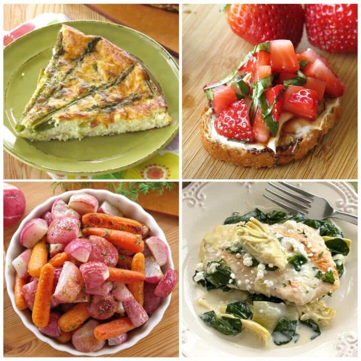 Collage of 4 spring recipes: asparagus quiche, strawberry bruschetta, roasted carrots and radishes, and artichoke, spinach chicken.