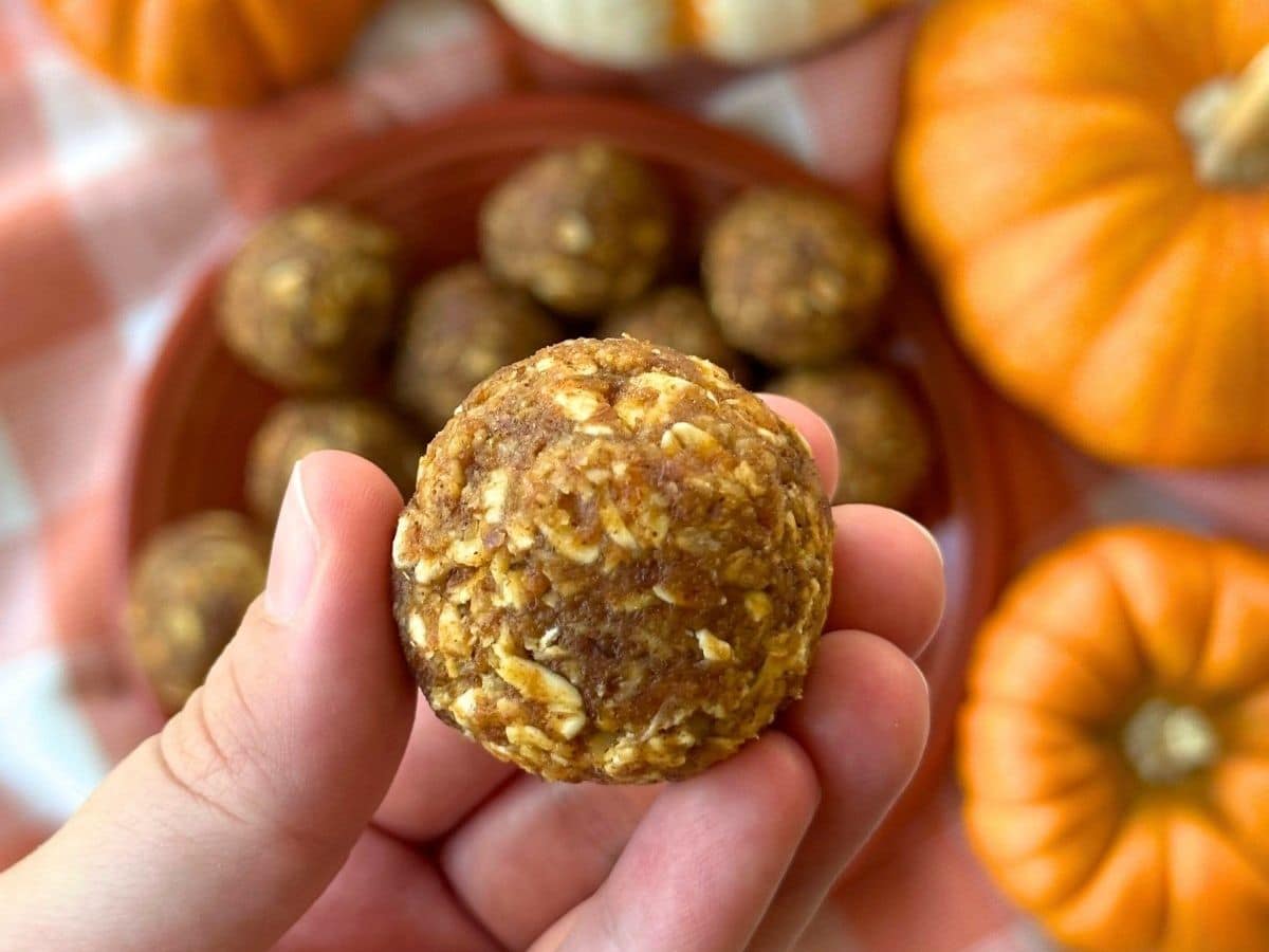 Fingers holding a pumpkin protein ball.