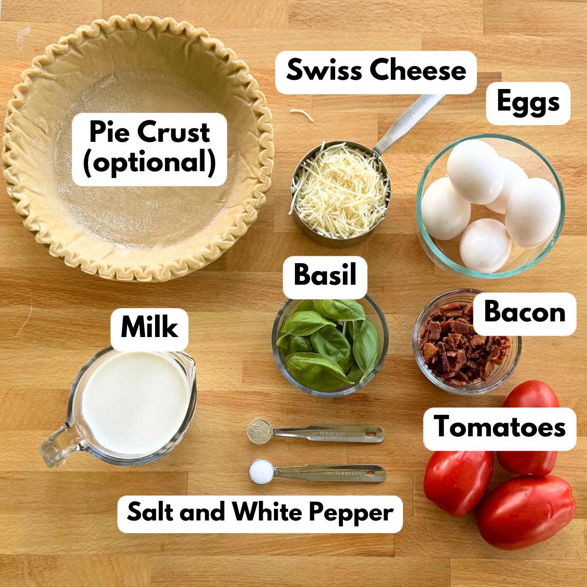 Collage of ingredients to make recipe: pie crust, swiss cheese, eggs, basil leaves, milk, crumbled bacon, 3 roma tomatoes, salt, and white pepper.