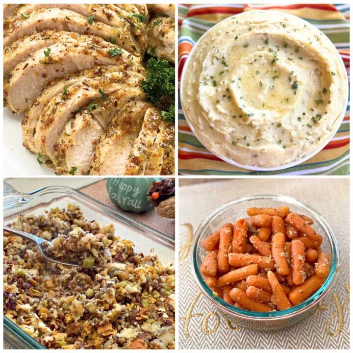 Collage of four Thanksgiving dinner recipes: turkey, mashed potatoes, stuffing, and carrots.