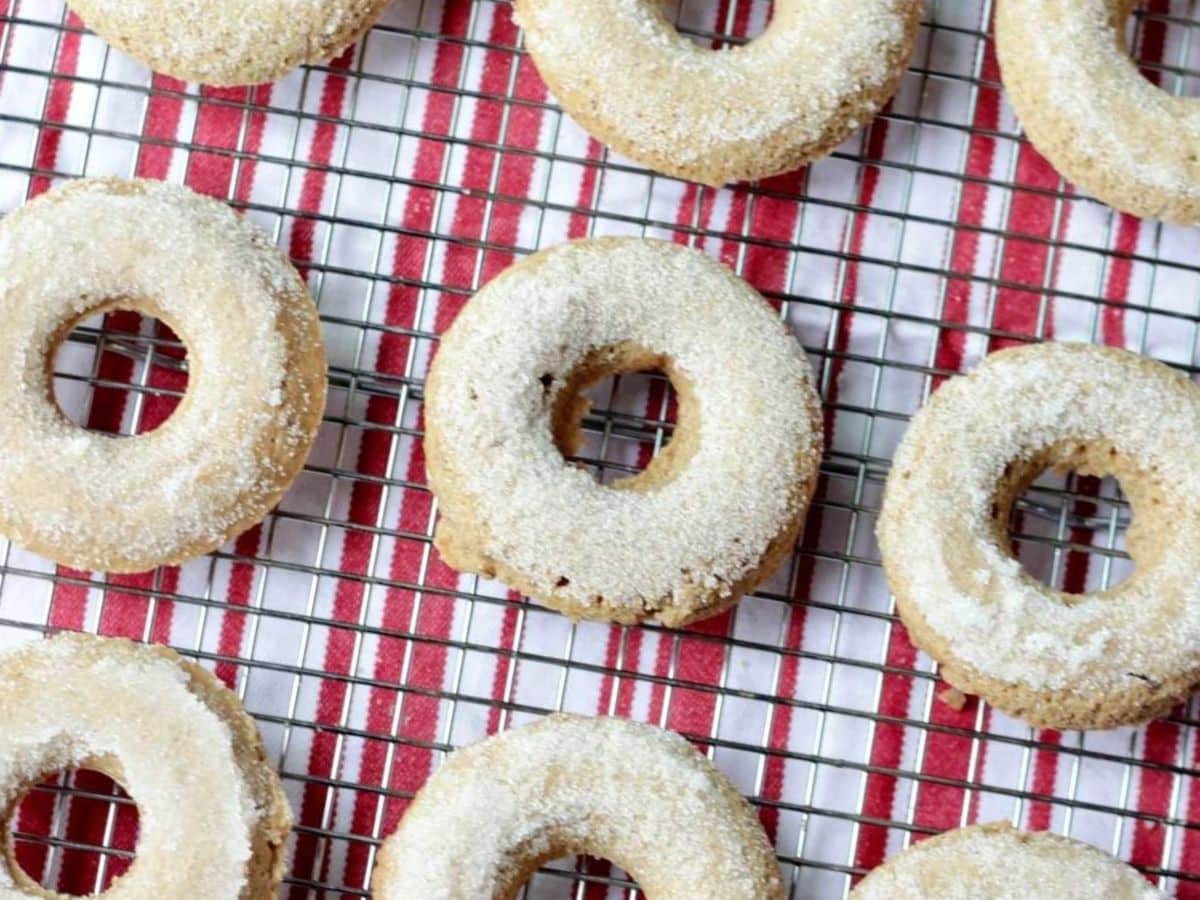 Nine vegan apple cider donuts on a cooling rack over a red and white dish towel.