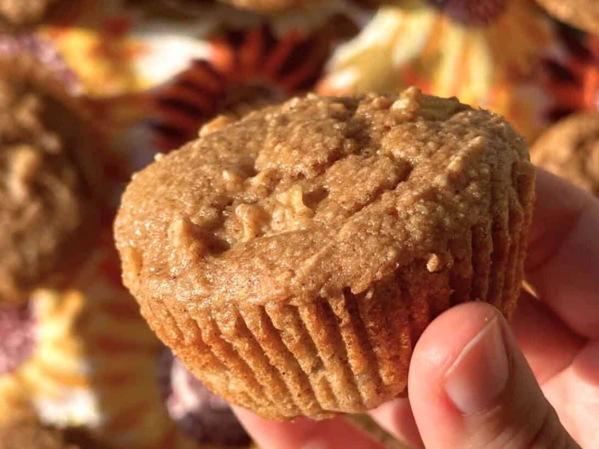 Hand holding an apple muffin made with cake mix.