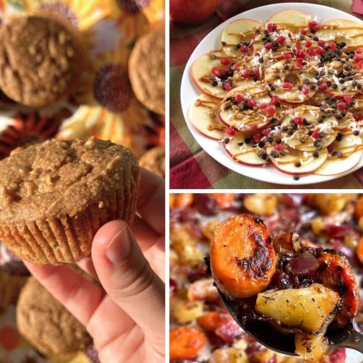 Collage of apple muffin, apple nachos on a plate, and spoon holding roasted apple and carrots.