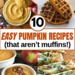 Collage of four pumpkin recipes: pumpkin pie hummus, pumpkin chaffles, pumpkin dip, and pumpkin pizza.
