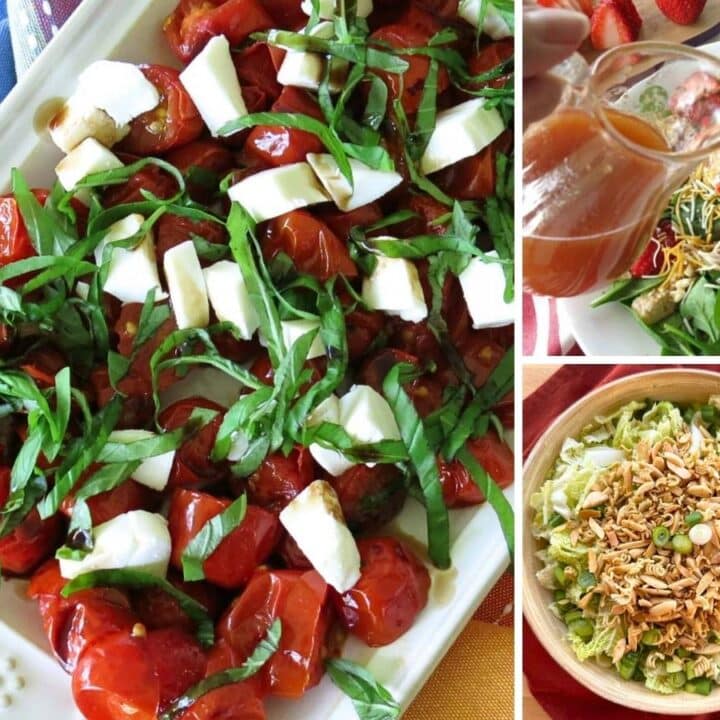 Three holiday salad recipes: Caprese salad, sweet red wine vinegar dressing being poured, and Napa cabbage salad.