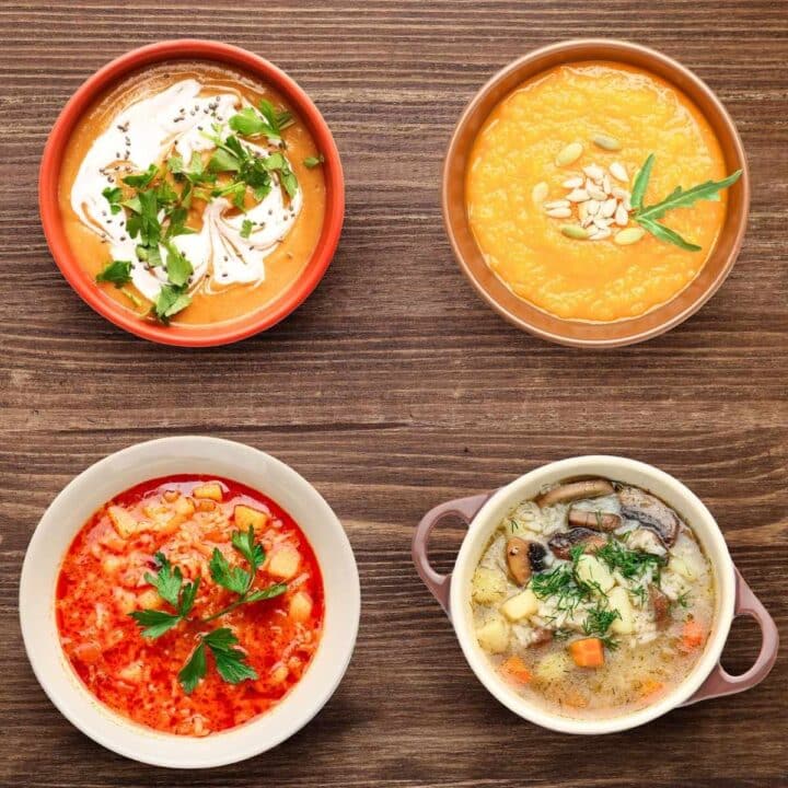 Four different bowls of soup for a soup exchange party.