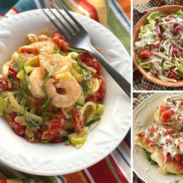 Collage of baked feta zoodles, 1905 salad, and chicken bruschetta.