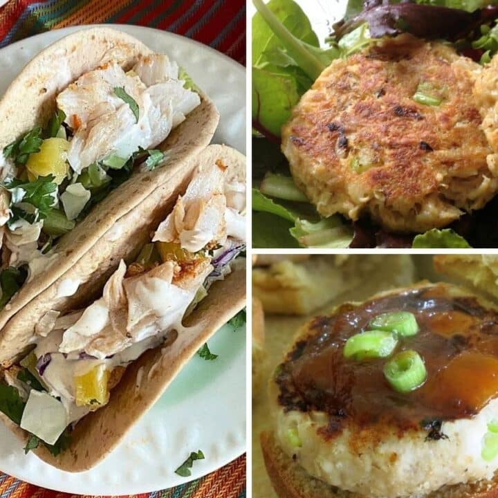 Collage of fish tacos, crab cakes, and a mango turkey burger.