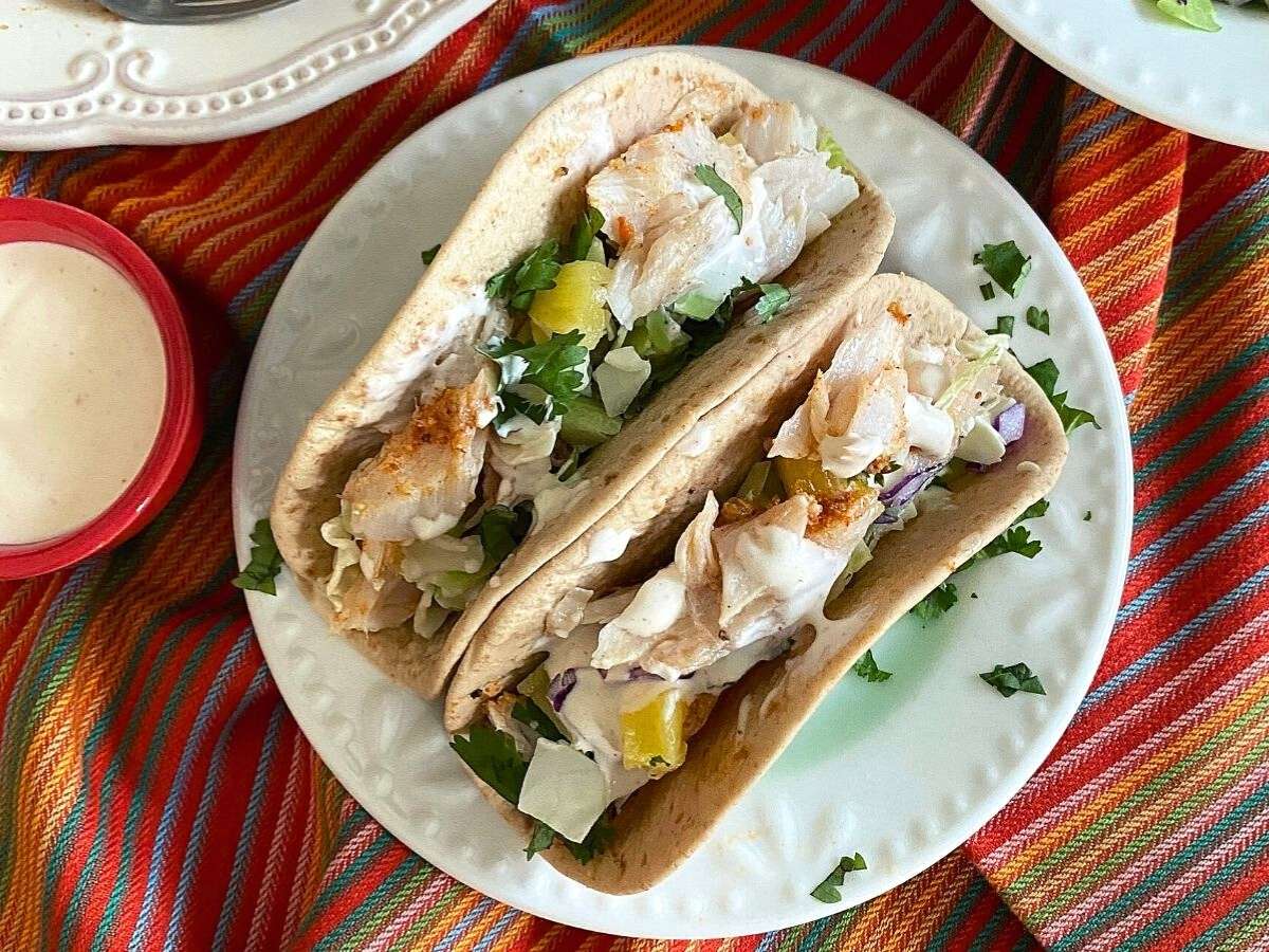 Two fish tacos on a white plate.