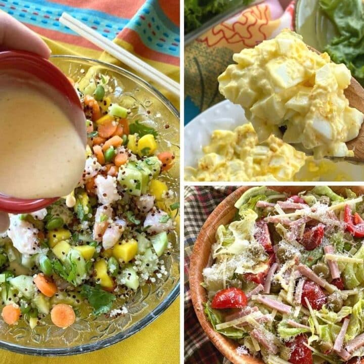 Collage of three no heat lunches: poke bowl, egg salad, and chef salad.