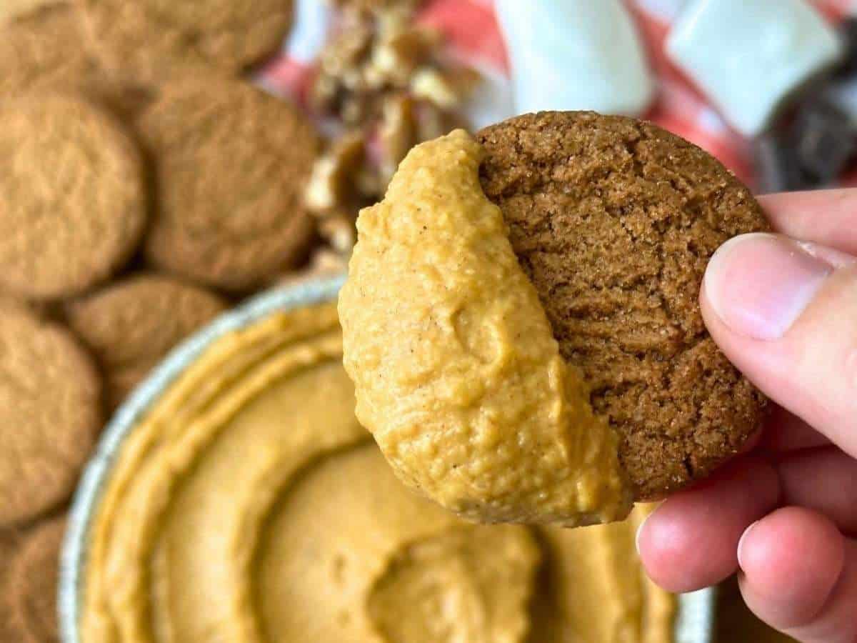 Ginger snap lifting pumpkin hummus out of a bowl.