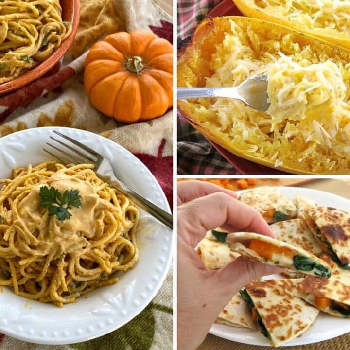 Spaghetti squash alfredo, pumpkin pasta, and butternut squash quesadillas in a collage.