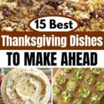 Collage of Thanksgiving dishes: stuffing, mashed potatoes, broccoli bites, cranberry sauce, and spaghetti squash au gratin.