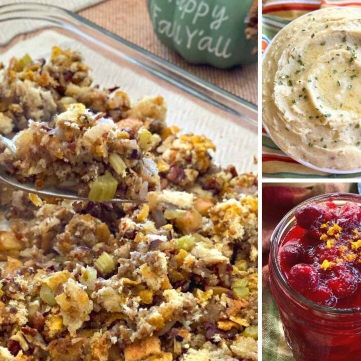 Collage of stuffing, mashed potatoes and cranberry sauce.