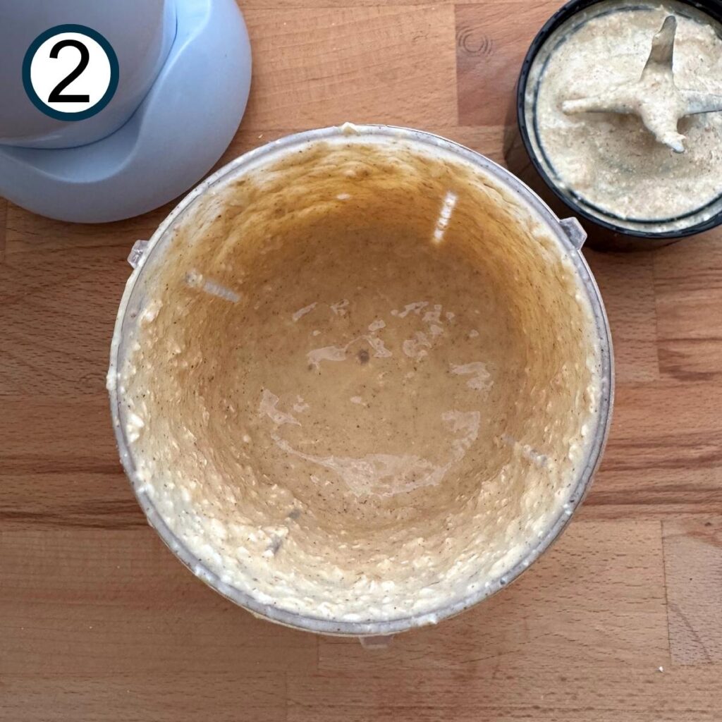 Batter for cottage cheese and oatmeal pancakes after blending in the base of the blender.