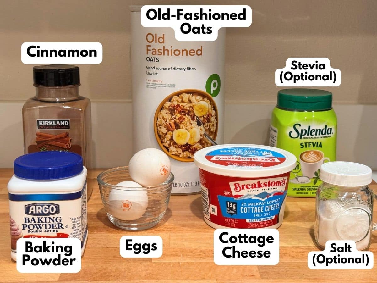 Collage of oats, cottage cheese, eggs, baking powder, cinnamon and optional ingredients to make cottage cheese oat pancakes in the original containers.