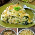 Collaga of chicken enchilada pie steps: finish piece, before cooked and after cooked.