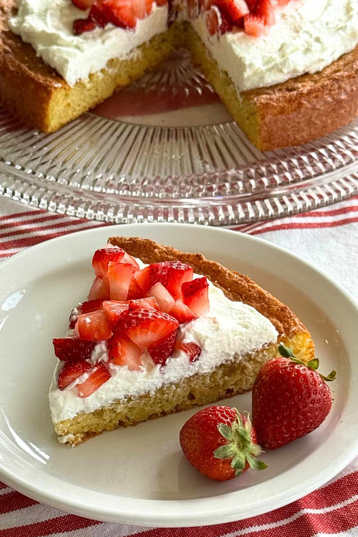 Slice of flourless lemon almond cake topped with whipped cream and strawberries on a white plate with the remaining cake in the background.