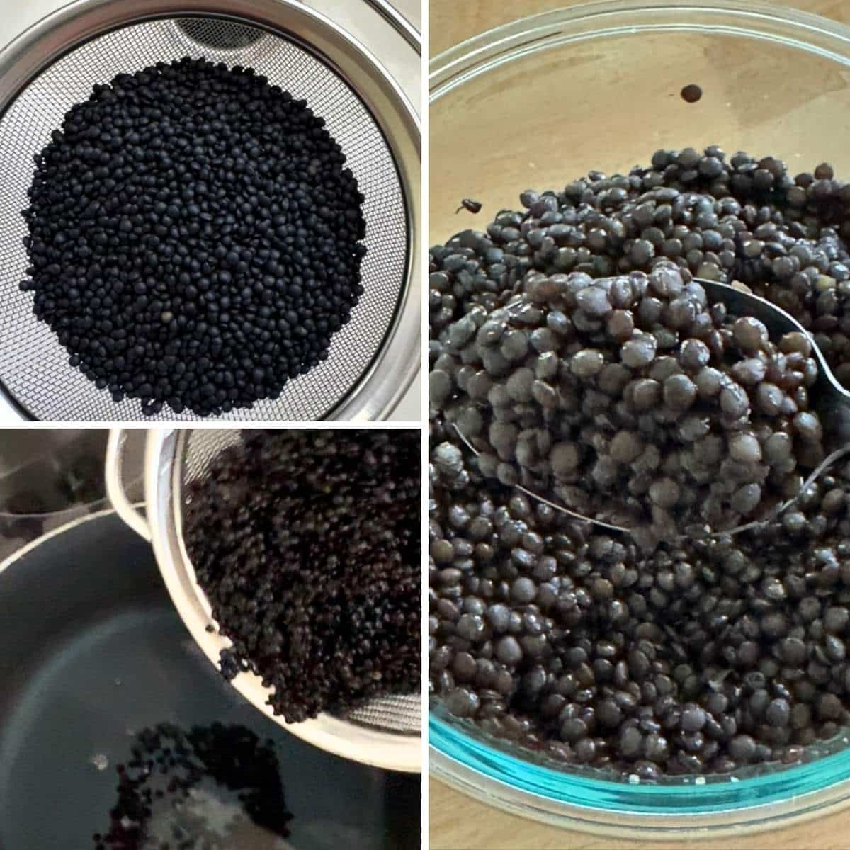 Black lentils beings rinsed, poured in a pot and spoon lifting seasoned lentils out of a glass bowl.