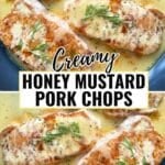 Honey mustard pork chops in a skillet.