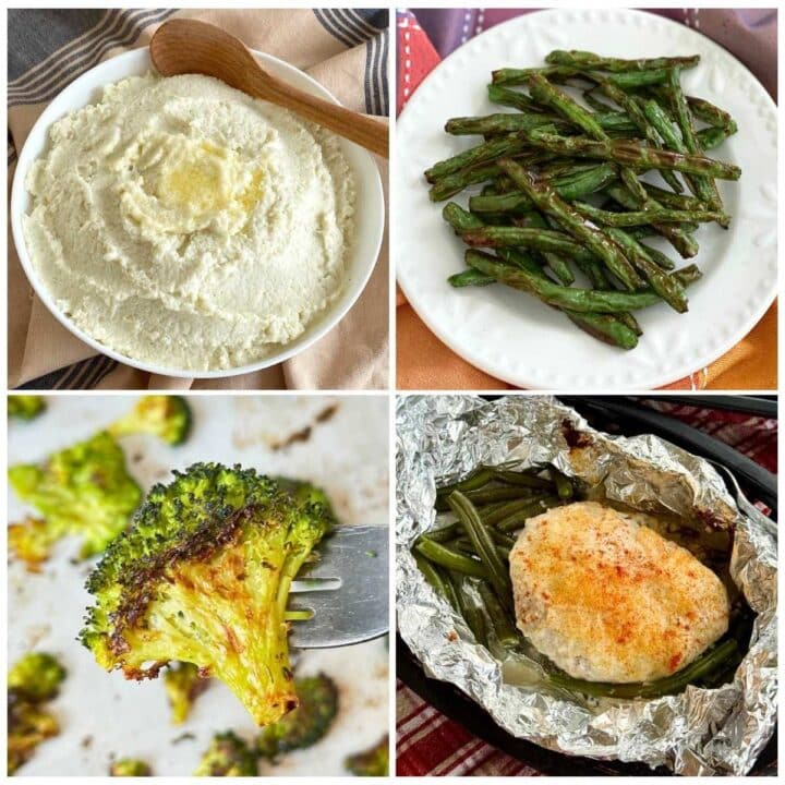 Collage of cauliflower mash, crispy green beans, smashed broccoli, and chicken foil packet with green beans.