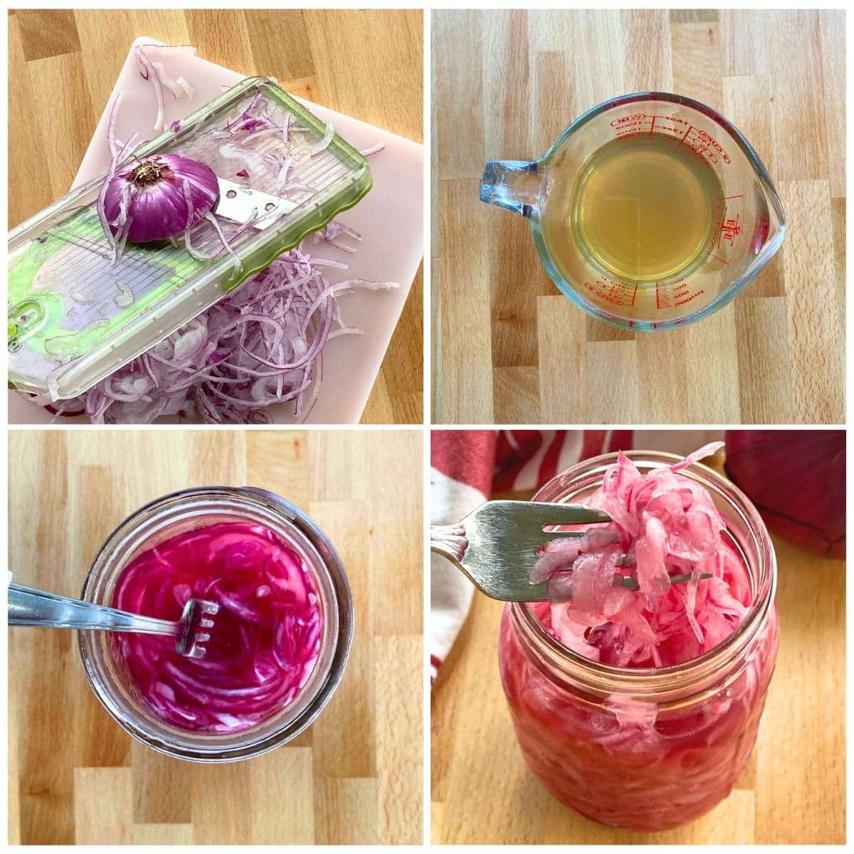 Collage of steps to make pickled red onions: Onion being cut with mandolin, brine, and onions combined with brine in a jar.