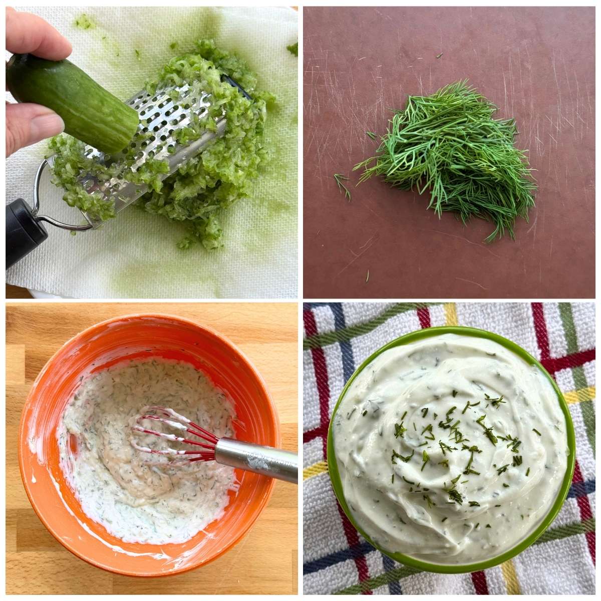 Collage of shredding cucumber, dill ready to chop, tzatziki sauce ingredients being mixed, and finished tzatziki sauce in bowl.