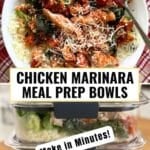 Collage of finished chicken marinara meal prep bowl and more stacked in containers for the freezer.