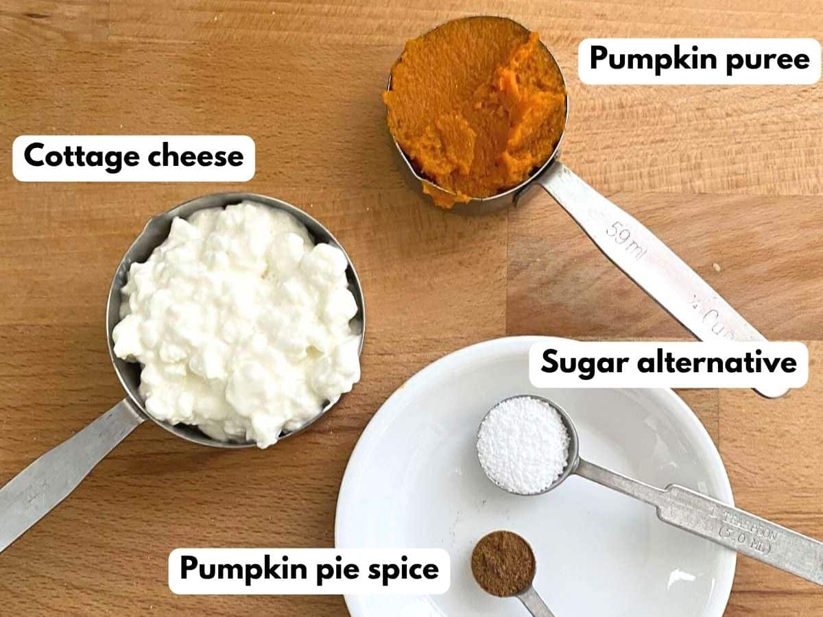 Labeled ingredients to make recipe: pumpkin puree, cottage cheese, sweetener, and pumpkin pie spice.