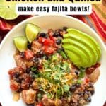 Slow cooker chicken and quinoa in a white bowl topped with sliced avocado, cheese, and cilantro.