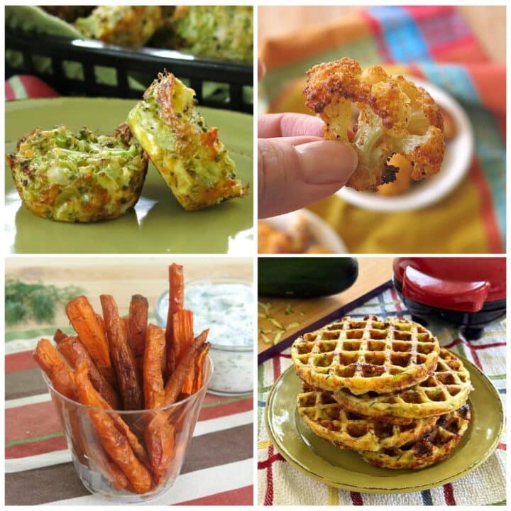 Broccoli muffins, parmesan cauliflower bites, carrot fries, and zucchini chaffles in a collage.