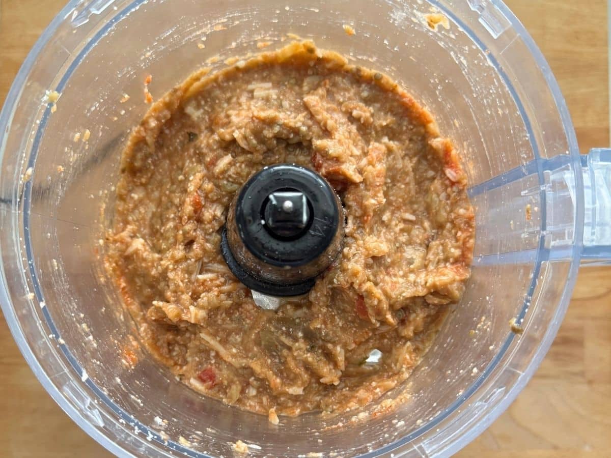 Roasted eggplant, marinara, mozzarella, and Parmesan cheese pulsed to a chunky consistency in a food processor.