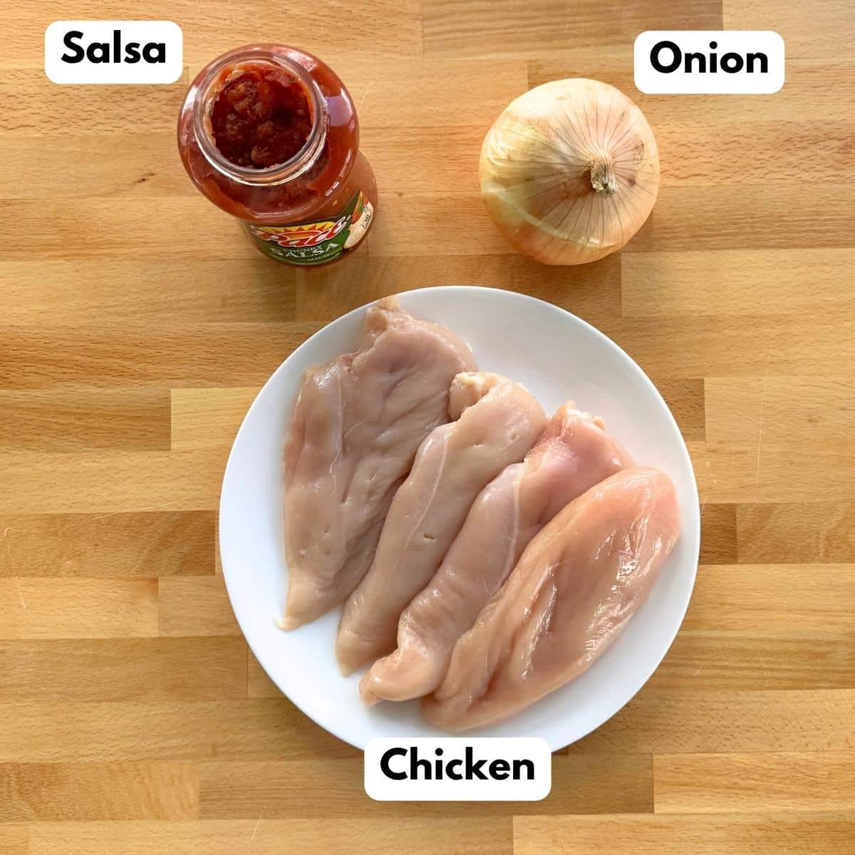 Chicken breasts, chunky salsa, and onion for 3-ingredient slow cooker salsa chicken.